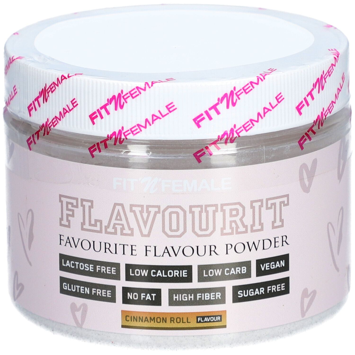 Behälter mit FitnFemale Flavourit Poudre Arôme Cinnamon Roll. Rosa Etikett mit Produktinformationen und Logos. Deckel mit Markenlogo.