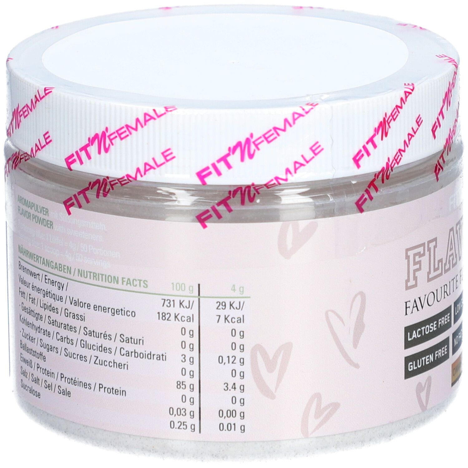 Rückseite des Behälters mit FitnFemale Flavourit. Enthält Nährwertangaben in Deutsch. Weißer Deckel mit Markenlogo.