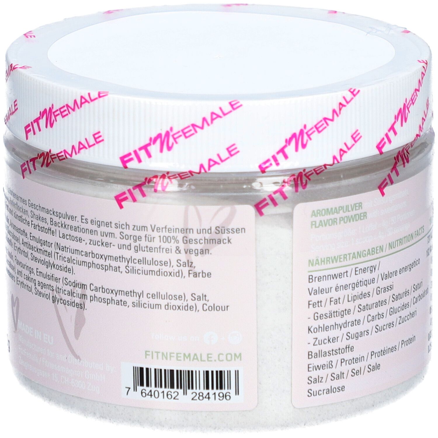 Rückseite des Behälters mit FitnFemale Flavourit. Enthält Zutatenliste und Nährwertangaben. Weißer Deckel mit Markenlogo.