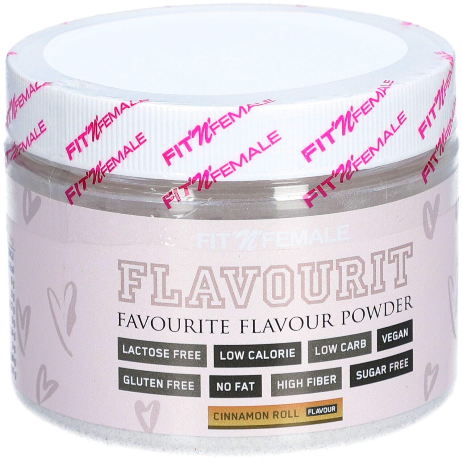 Behälter mit FitnFemale Flavourit Poudre Arôme Cinnamon Roll. Rosa Etikett mit Produktinformationen und Logos. Deckel mit Markenlogo.