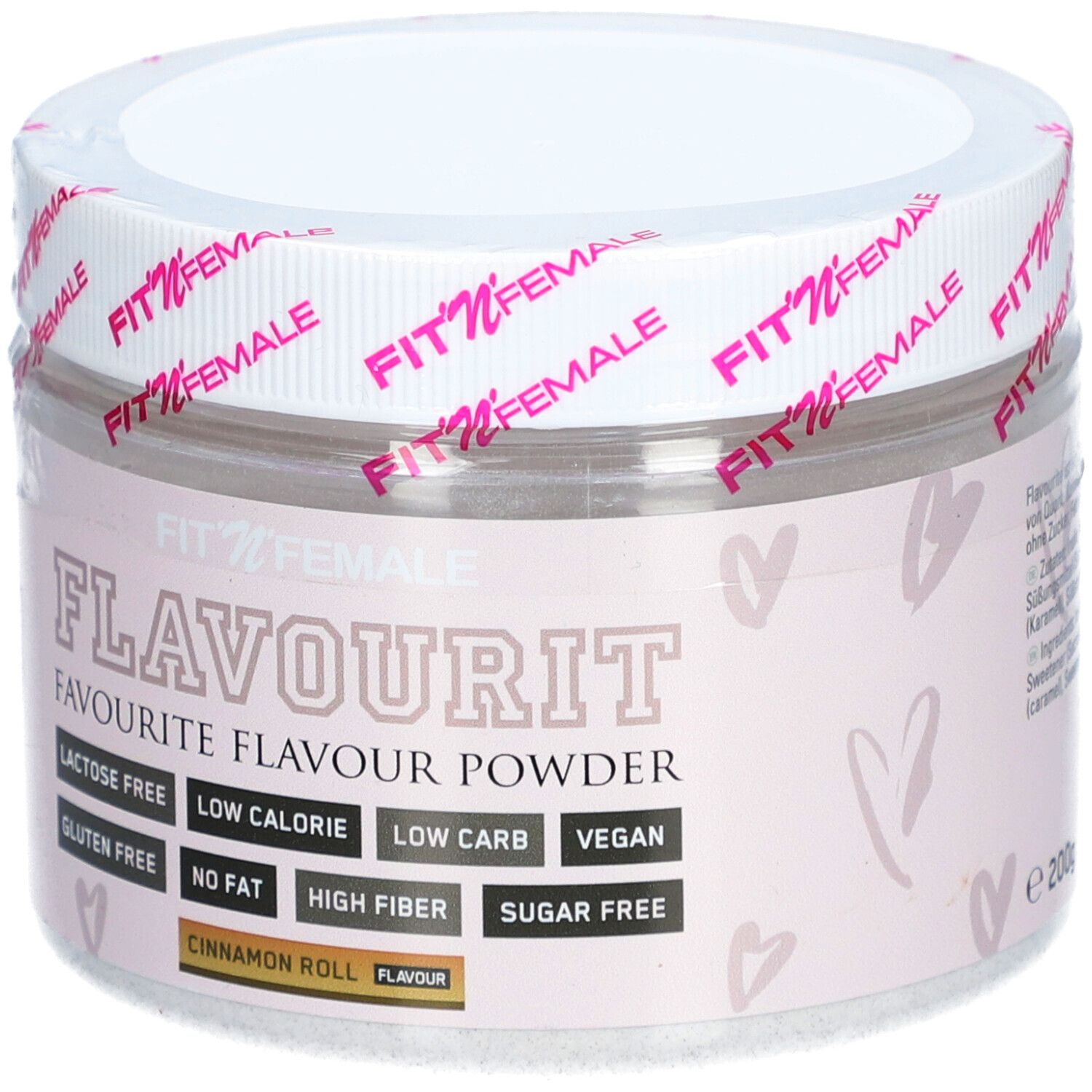 Behälter mit FitnFemale Flavourit Poudre Arôme Cinnamon Roll. Rosa Etikett mit Produktinformationen und Logos. Deckel mit Markenlogo.