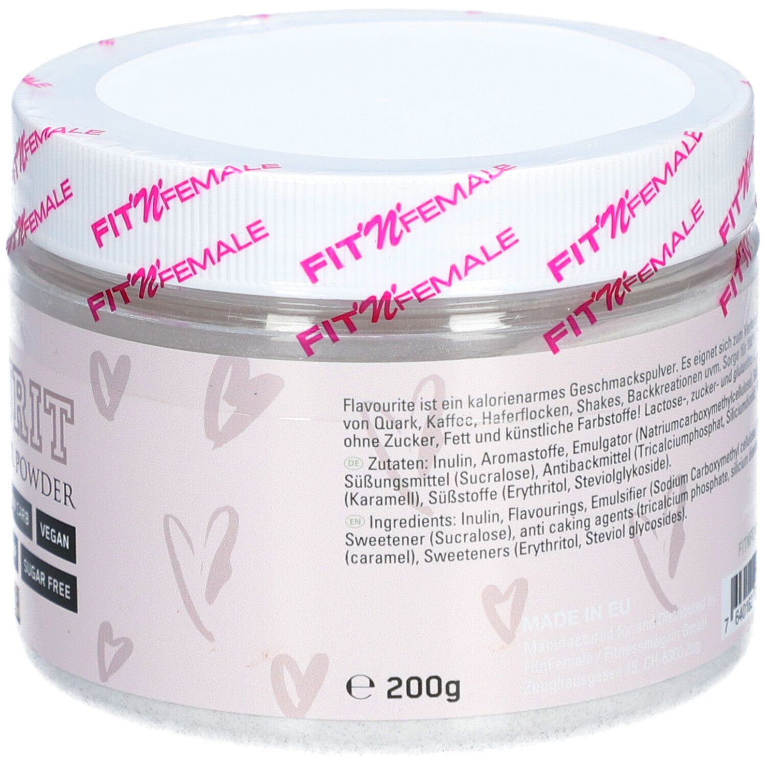 Behälter mit FitnFemale Flavourit. Enthält Zutatenliste und Produktinformationen. Aufschrift: e 200g. Weißer Deckel mit Logo.