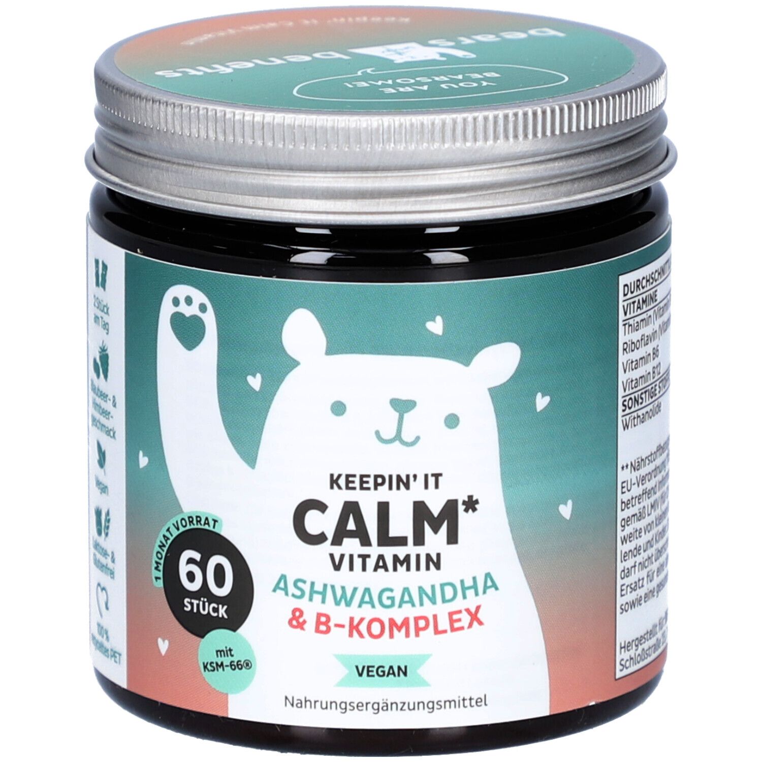 Pot en verre foncé avec couvercle argenté. Inscription : Keepin' It Calm Vitamin Ashwagandha & B-Komplex. 60 pièces. Vegan.
