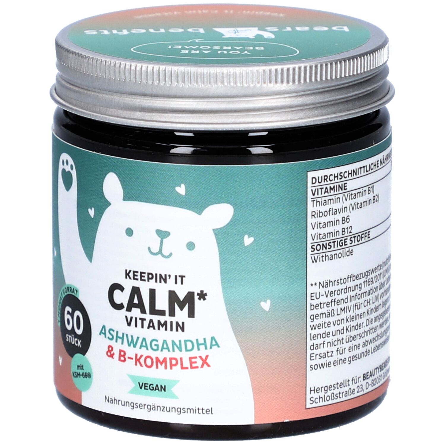 Pot en verre foncé avec couvercle argenté. Inscription : Keepin' It Calm Vitamin Ashwagandha & B-Komplex. 60 pièces. Vegan.