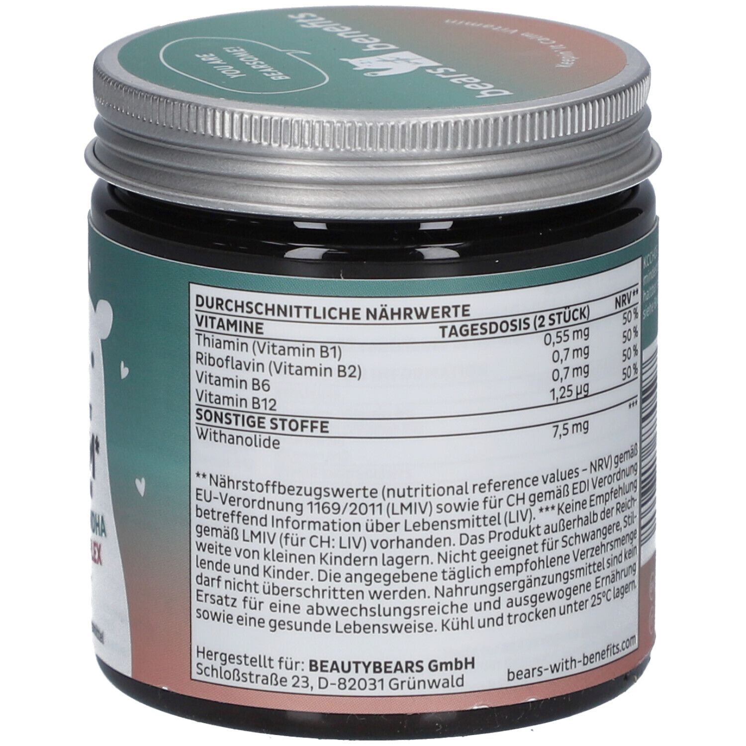 Dos du pot avec informations nutritionnelles. Contient des informations sur les vitamines et les ingrédients. Fabriqué par BEAUTYBEARS.