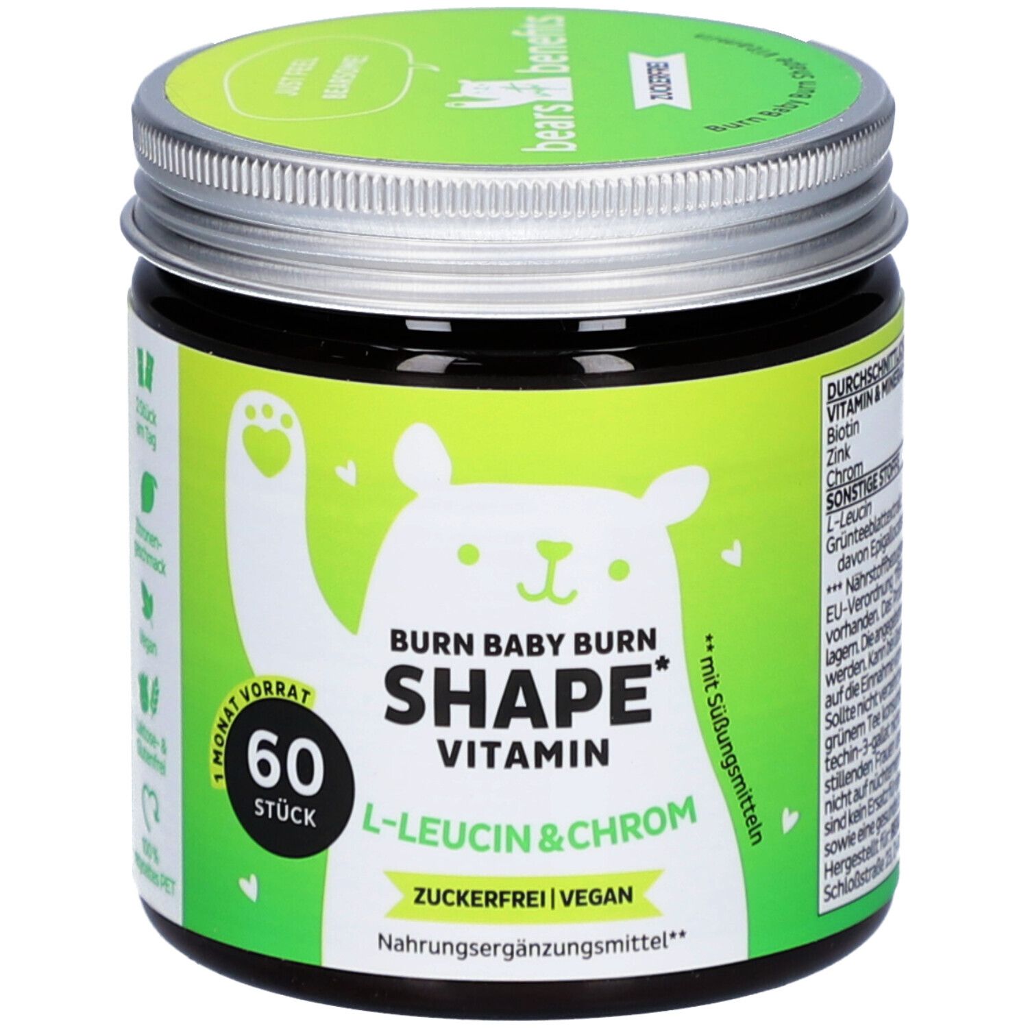 Dose mit "Burn Baby Burn Shape Vitamin". Grünes Etikett, silberner Deckel. 60 Stück. L-Leucin & Chrom.
