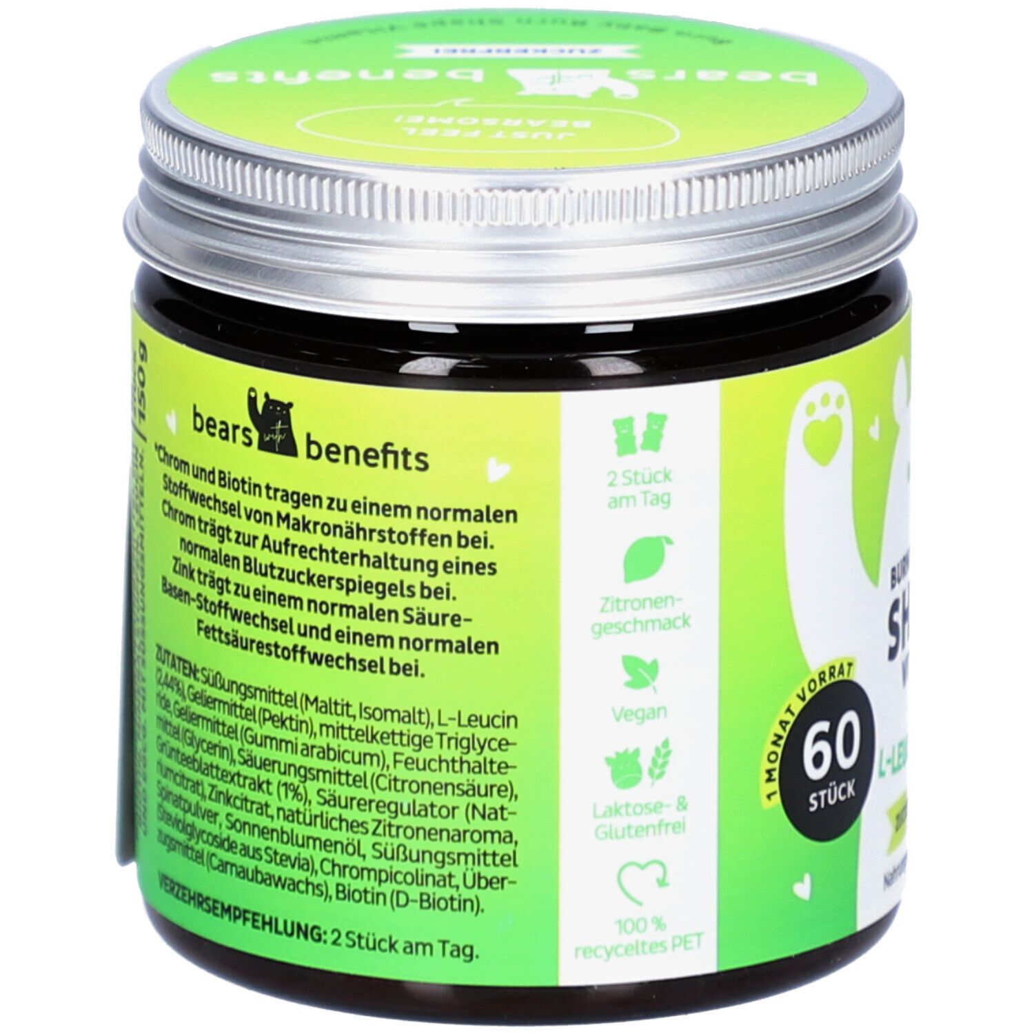 Rückseite der Dose "Burn Baby Burn Shape Vitamin". Inhaltsstoffe, Nährwertangaben. Grünes Etikett, silberner Deckel.