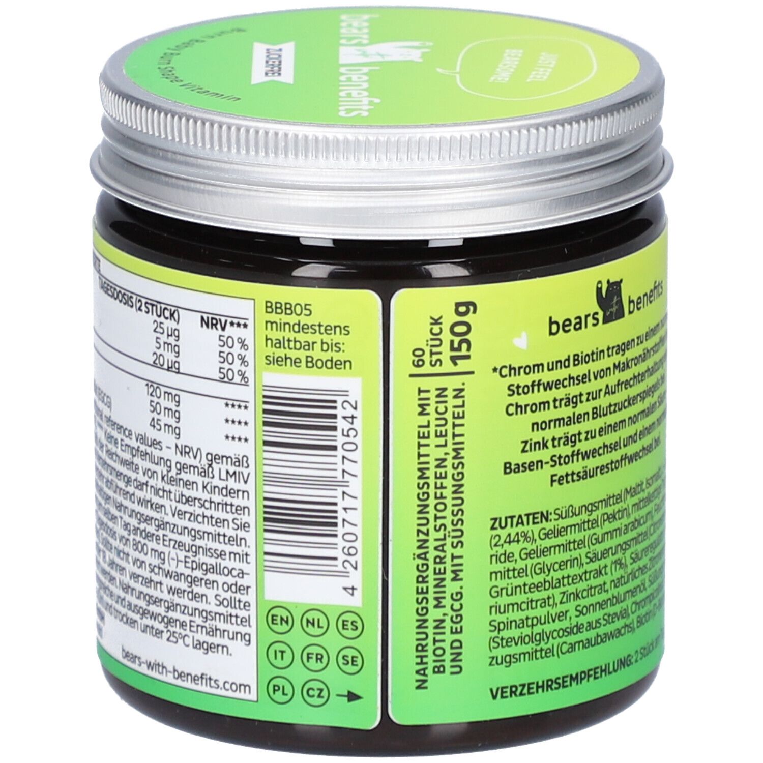 Rückseite der Dose "Burn Baby Burn Shape Vitamin". Nährwertangaben, Inhaltsstoffe. Grünes Etikett, silberner Deckel.