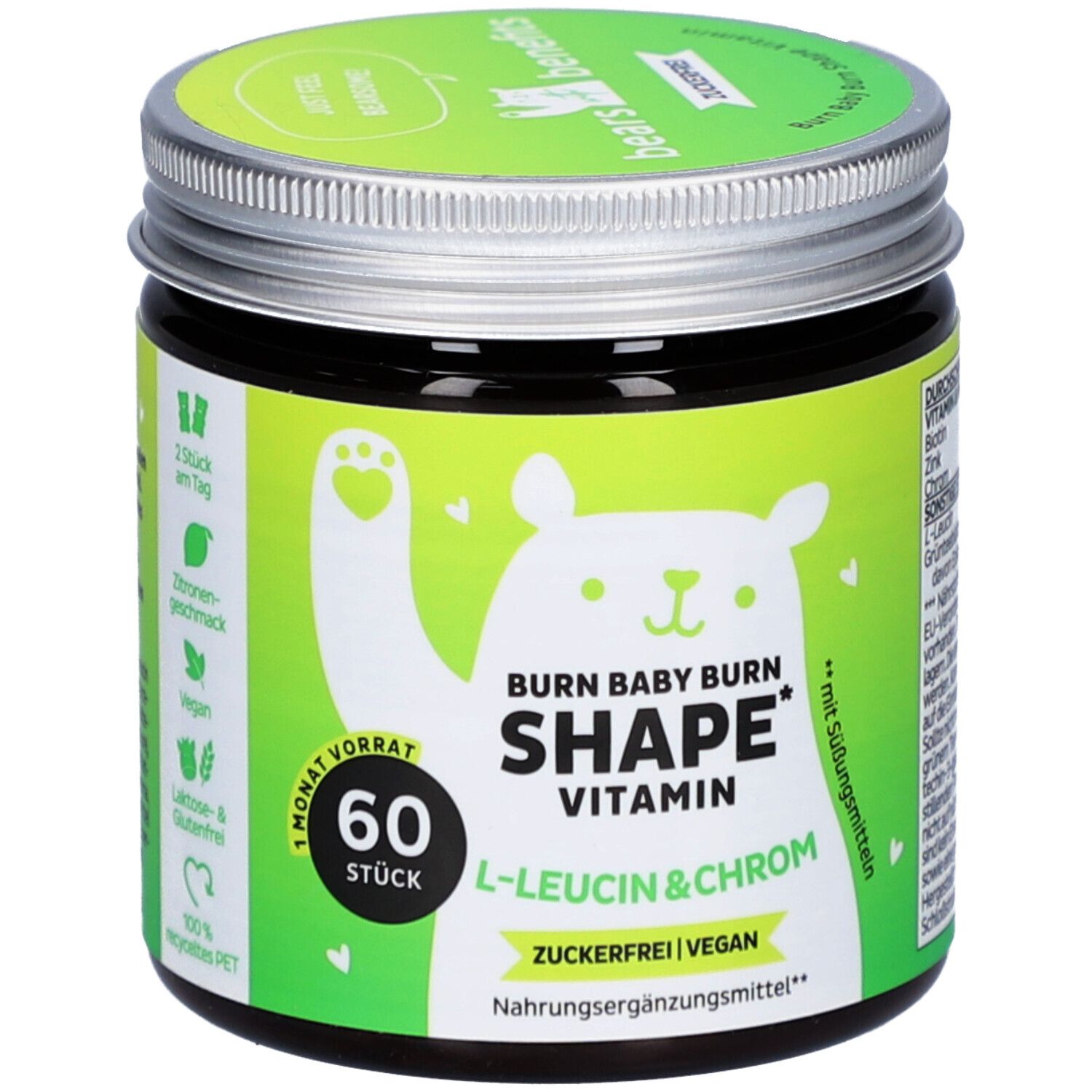 Dose "Burn Baby Burn Shape Vitamin". Grünes Etikett, silberner Deckel. 60 Stück. L-Leucin & Chrom. Vegan.