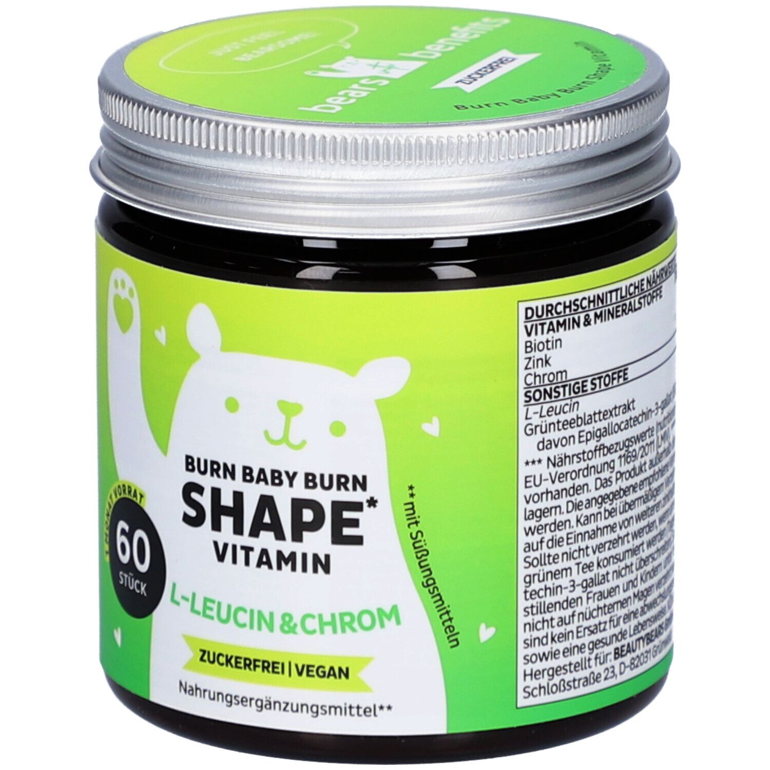 Dose "Burn Baby Burn Shape Vitamin". Grünes Etikett, silberner Deckel. 60 Stück. L-Leucin & Chrom. Vegan.