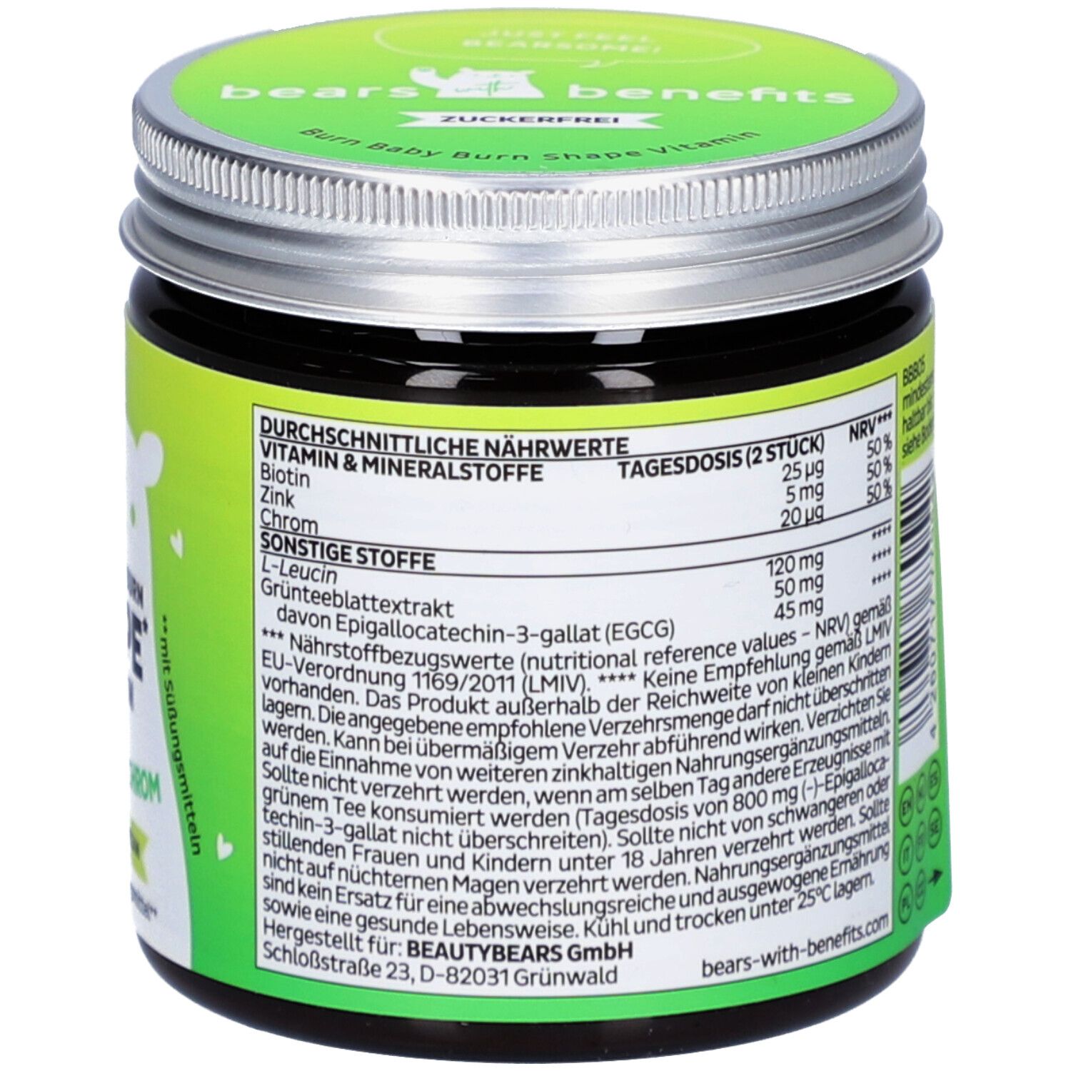 Rückseite der Dose "Burn Baby Burn Shape Vitamin". Nährwertangaben, Inhaltsstoffe. Grünes Etikett, silberner Deckel.