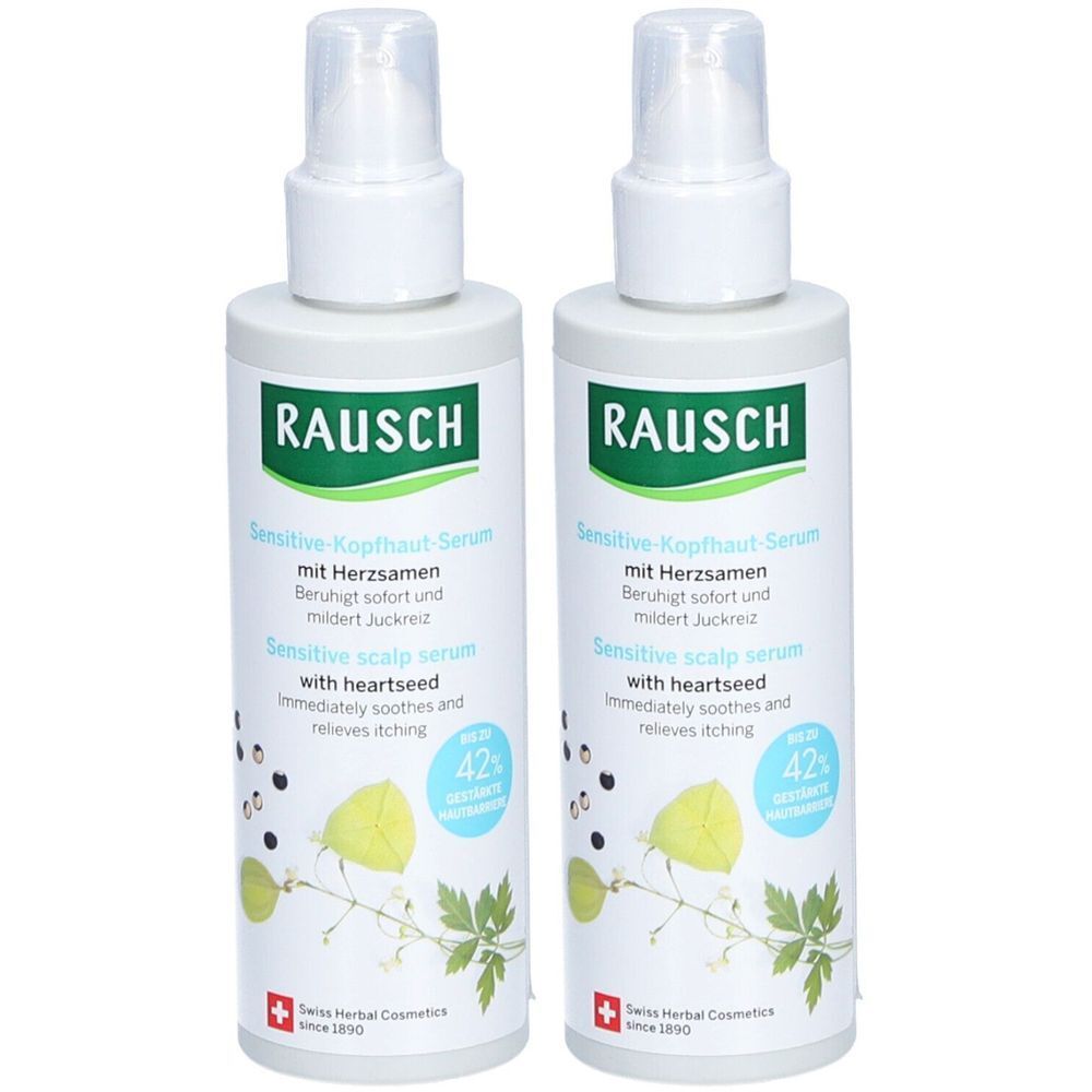 Zwei weiße Sprühflaschen mit grünem Etikett. Aufschrift: RAUSCH, Sensitive-Kopfhaut-Serum mit Herzsamen. Schweizer Kräuterkosmetik.