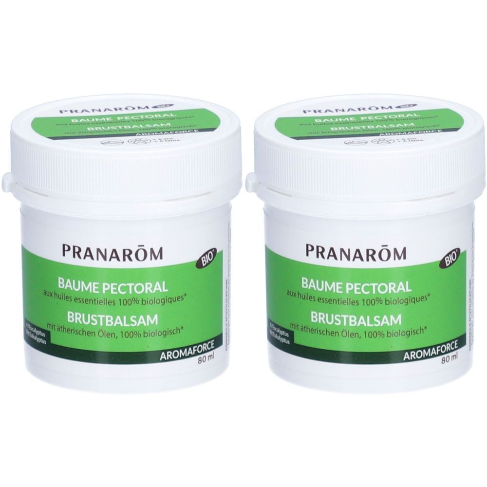 Zwei weiße Tiegel mit grünem Etikett. Aufschrift: PRANAROM, Baume Pectoral, Brustbalsam, BIO-Siegel. Aromaforce.