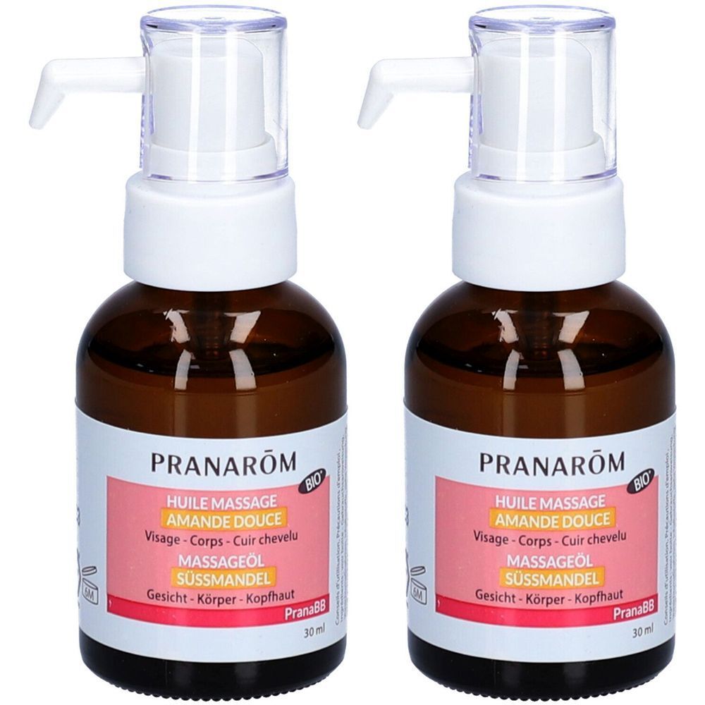 Deux flacons bruns avec pompe blanche. Étiquette avec texte: PRANAROM, Huile Massage Amande Douce, Massageöl Süssmandel. Label Bio.