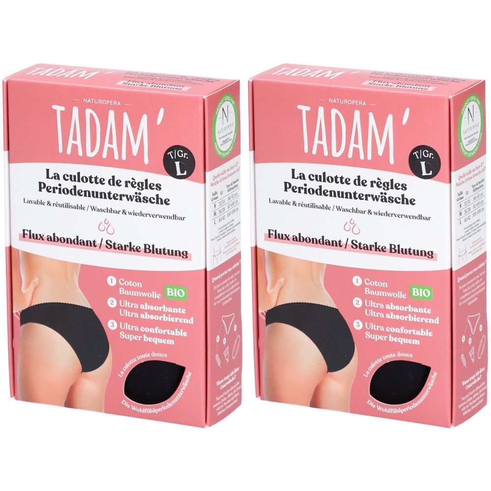 Zwei rosa Verpackungen mit schwarzer Periodenunterwäsche. Aufschrift: TADAM, La culotte de règles, Größe L, für starke Blutung.