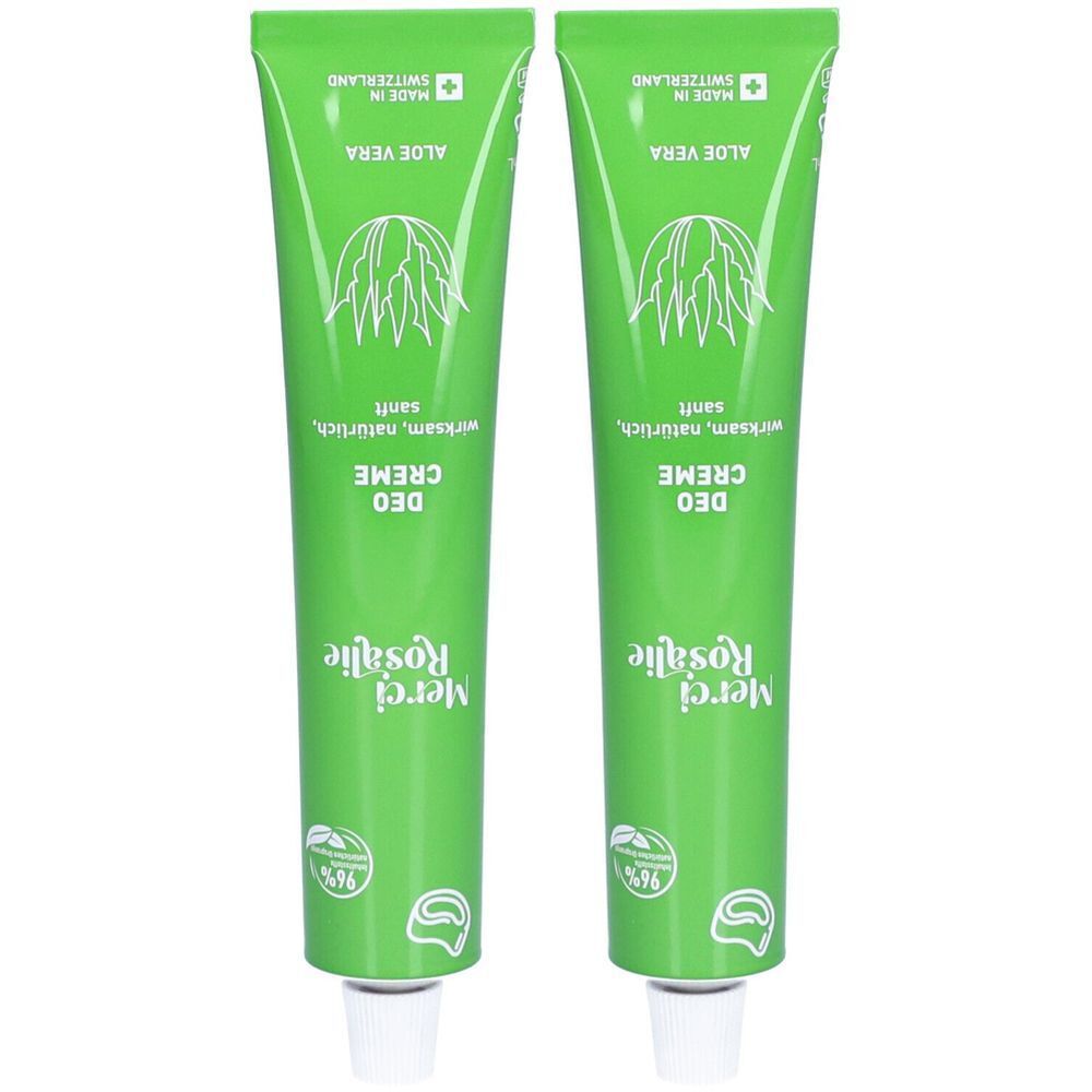 Zwei grüne Tuben Merci Rosalie Deo Crème. Aufschrift: Aloe Vera, wirksam, natürlich, sanft. Mit Schweizer Kreuz.