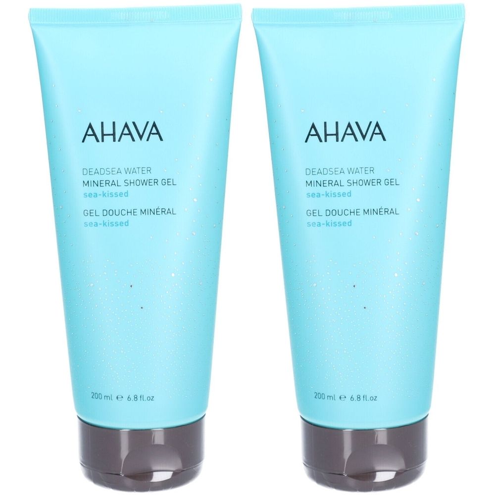 Deux tubes de gel douche AHAVA. Couleur bleu clair, bouchon foncé. Inscription AHAVA et nom du produit.