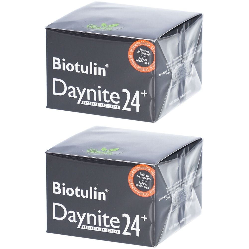 Deux boîtes Biotulin Daynite 24+. Boîtes noires avec texte et logo blancs. Sceau.