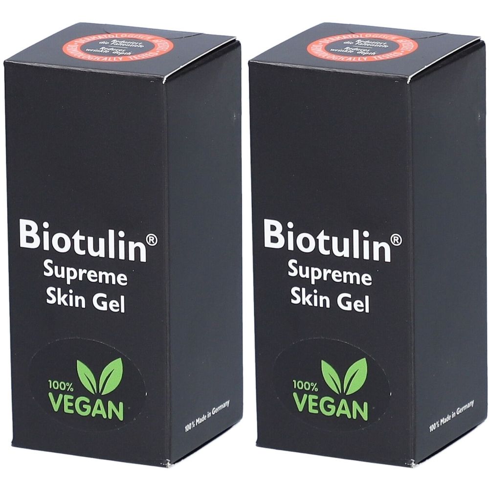 Deux boîtes noires avec l'inscription blanche "Biotulin Supreme Skin Gel" et le logo Vegan.
