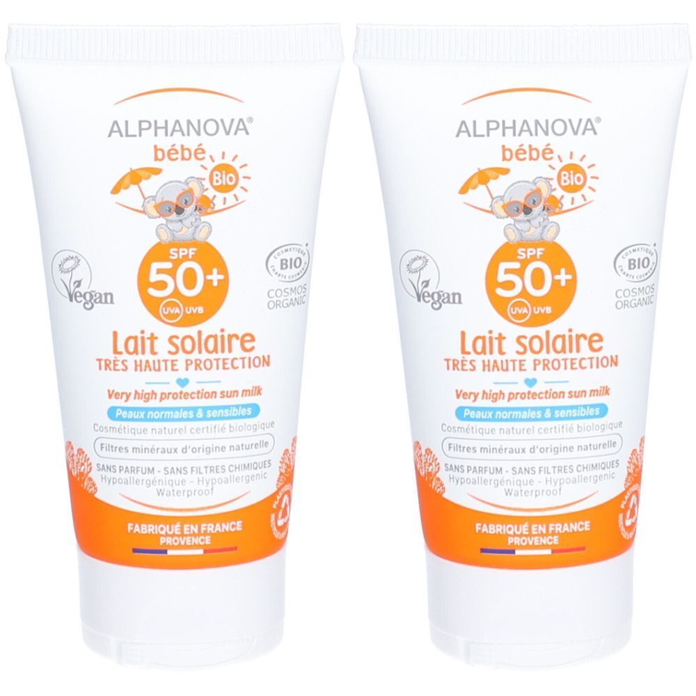 ALPHANOVA® Bébé Lait solaire très haute portection SPF50+ bio et végan