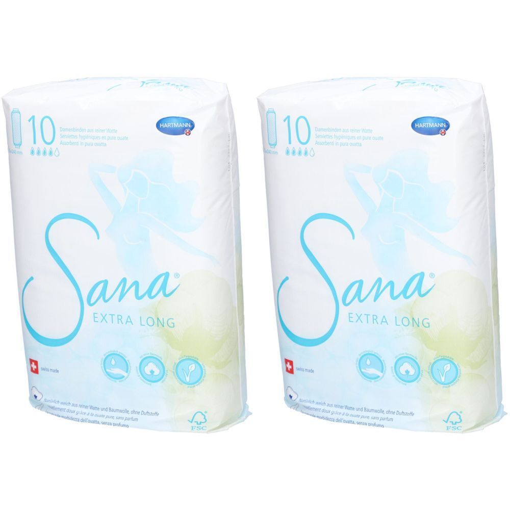 Zwei Packungen SANA Extra Long. Weiße Verpackung mit blauer Schrift und Illustrationen. Hartmann-Logo.