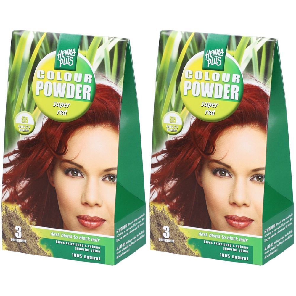 Deux boîtes de Henna Plus Colour Powder Super Rouge. Emballage vert et blanc avec portrait de femme et nom du produit.