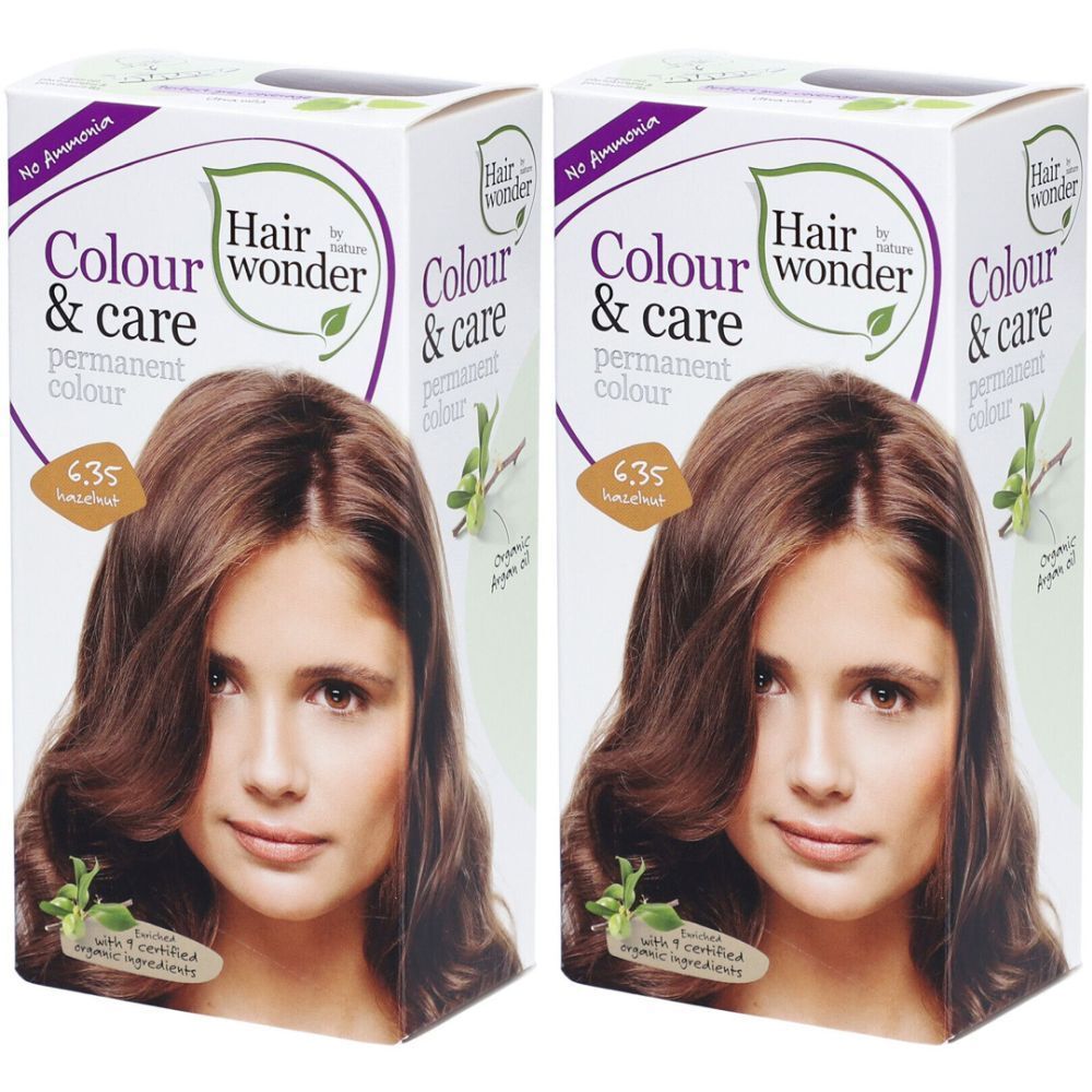 Zwei Packungen Haarfarbe. Aufdruck: Colour & Care, 6.35 Noisette. Abgebildet ist eine Frau mit braunen Haaren.