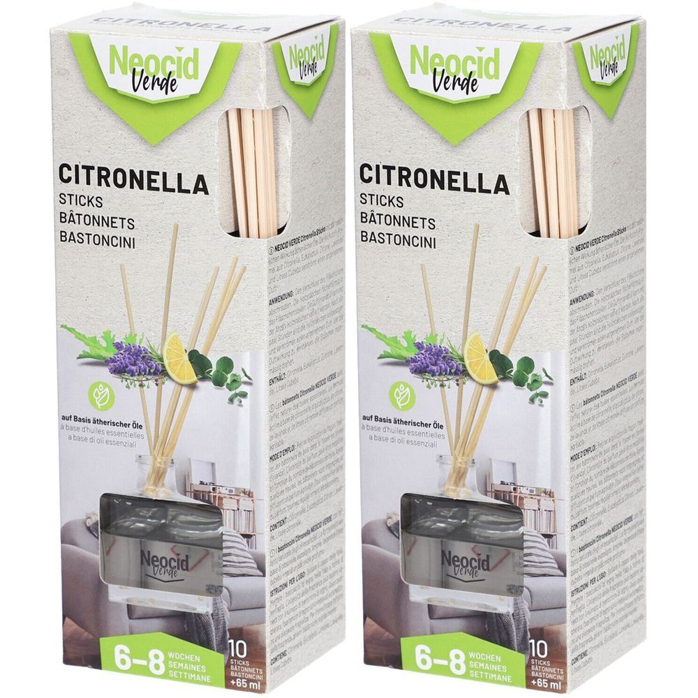 Zwei Packungen Neocid Verde Citronella-Sticks. Aufschrift: Citronella, Sticks, Bâtonnets, Bastoncini. Holzstäbchen und Flakon.