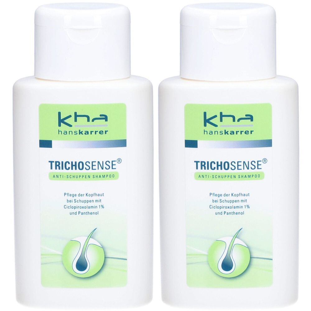 Zwei weiße Flaschen TRICHOSENSE Anti-Schuppen Shampoo. Grünes Etikett mit Logo und Produktinformationen.