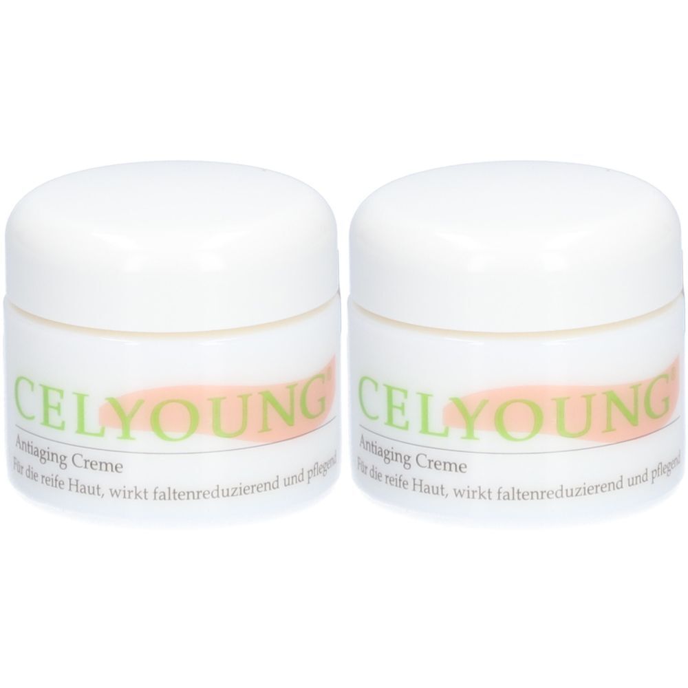 Zwei weiße Tiegel mit Deckel. Auf den Tiegeln steht "CELYOUNG" und "Antiaging Creme".