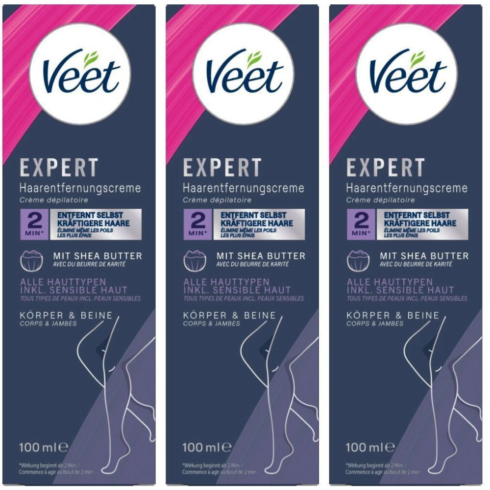 Drei Packungen VEET Expert Enthaarungscreme. Dunkelblaue Verpackung mit pinken Akzenten. Enthält Shea Butter. Für Körper und Beine.