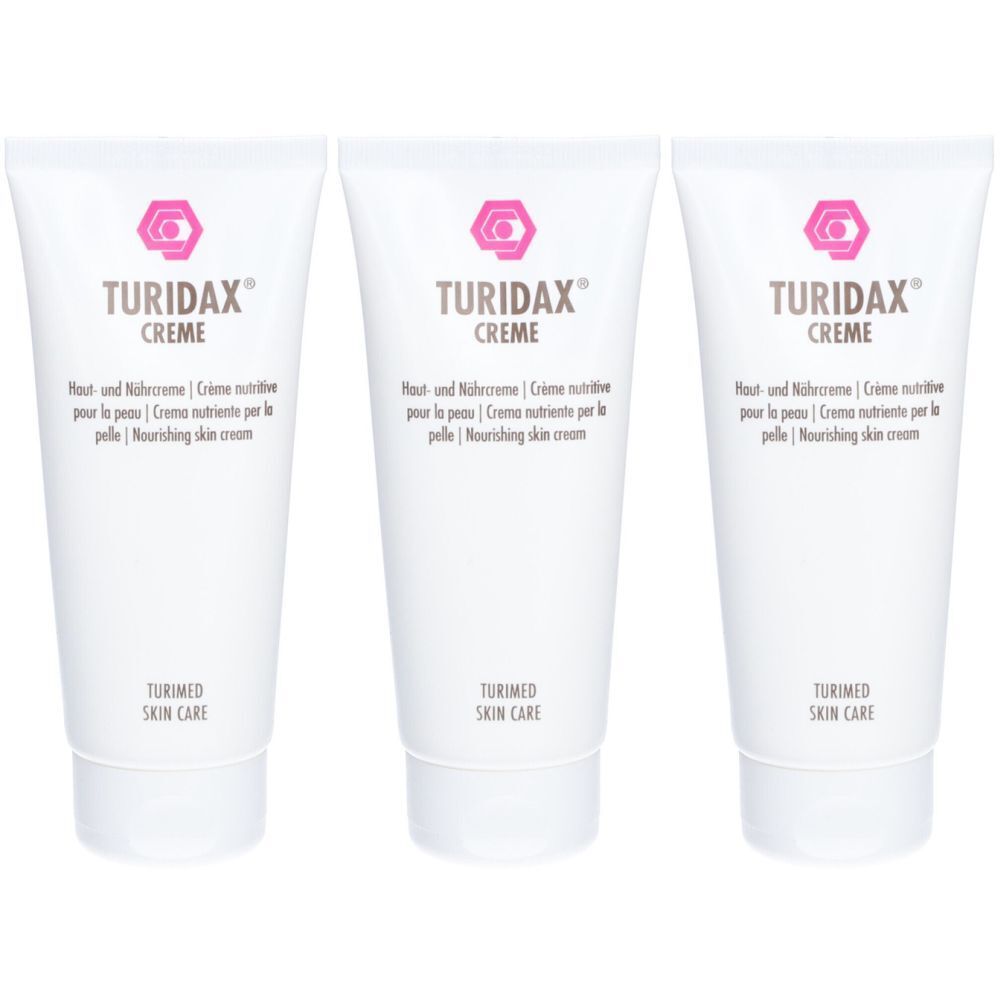 Drei weiße Tuben mit rosa Logo und Schriftzug TURIDAX CREME. Text: Haut- und Nährcreme, Nourishing skin cream. TURIMED SKIN CARE.