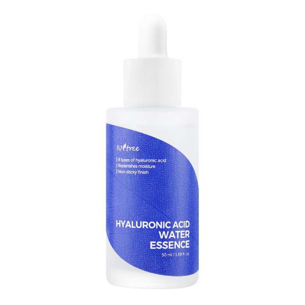 Isntree Hyaluronsäure-Wasseressenz. Flasche mit Pipette. Blaue Etikett mit Produktname und Beschreibung.