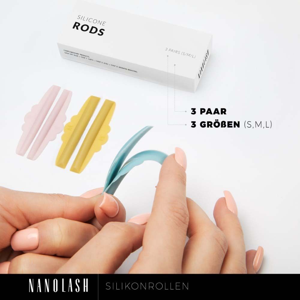 Rouleaux en silicone de différentes couleurs et tailles. NANOLASH® Rouleaux en silicone. Emballage avec nom du produit.