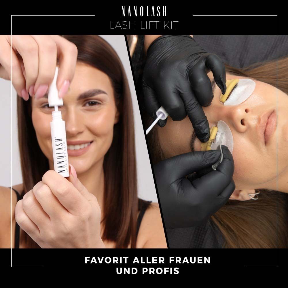 Femme avec produit. NANOLASH Lash Lift Kit. Application professionnelle.
