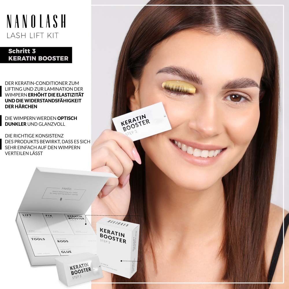 Frau mit Keratin Booster. NANOLASH Lash Lift Kit. Step 3 Keratin Booster. Einzelbeutel. Text: Dunklere und glanzvolle Wimpern.