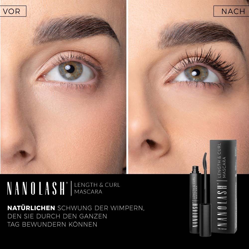 Comparaison avant-après. Yeux avec et sans mascara. NANOLASH Length & Curl Mascara. Texte.