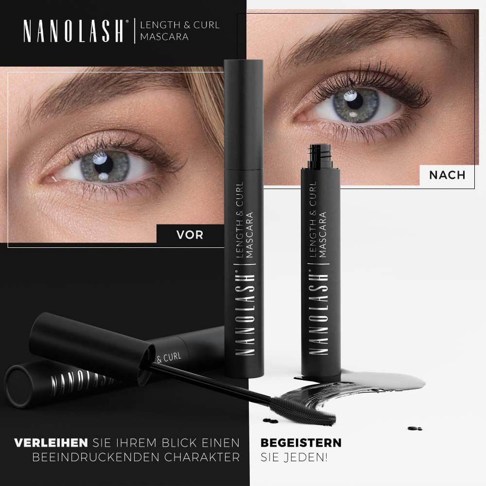 Comparaison avant-après. Yeux avec et sans mascara. NANOLASH Length & Curl Mascara. Texte.