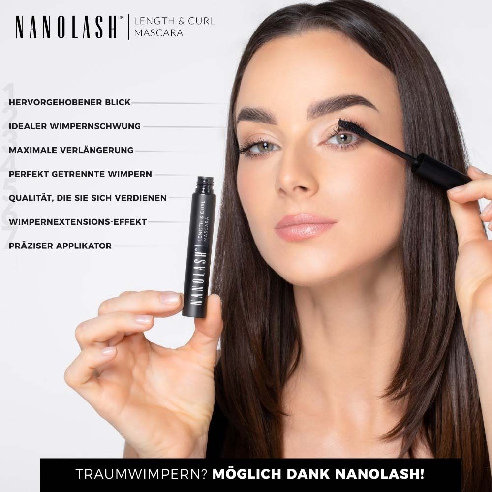Femme tenant un tube de mascara. Inscription : NANOLASH Length & Curl Mascara. Texte.