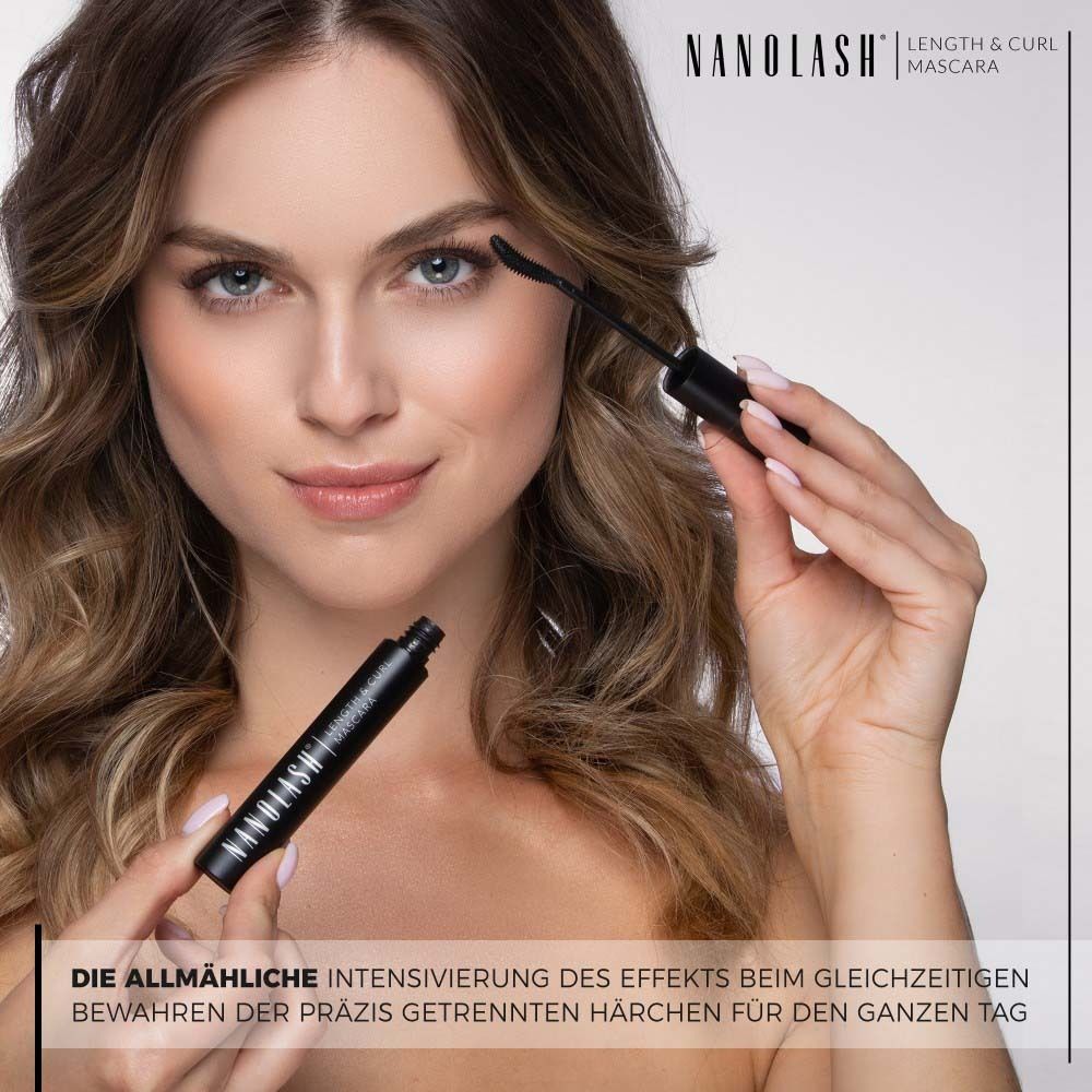 Femme appliquant du mascara. Inscription : NANOLASH Length & Curl Mascara. Texte.