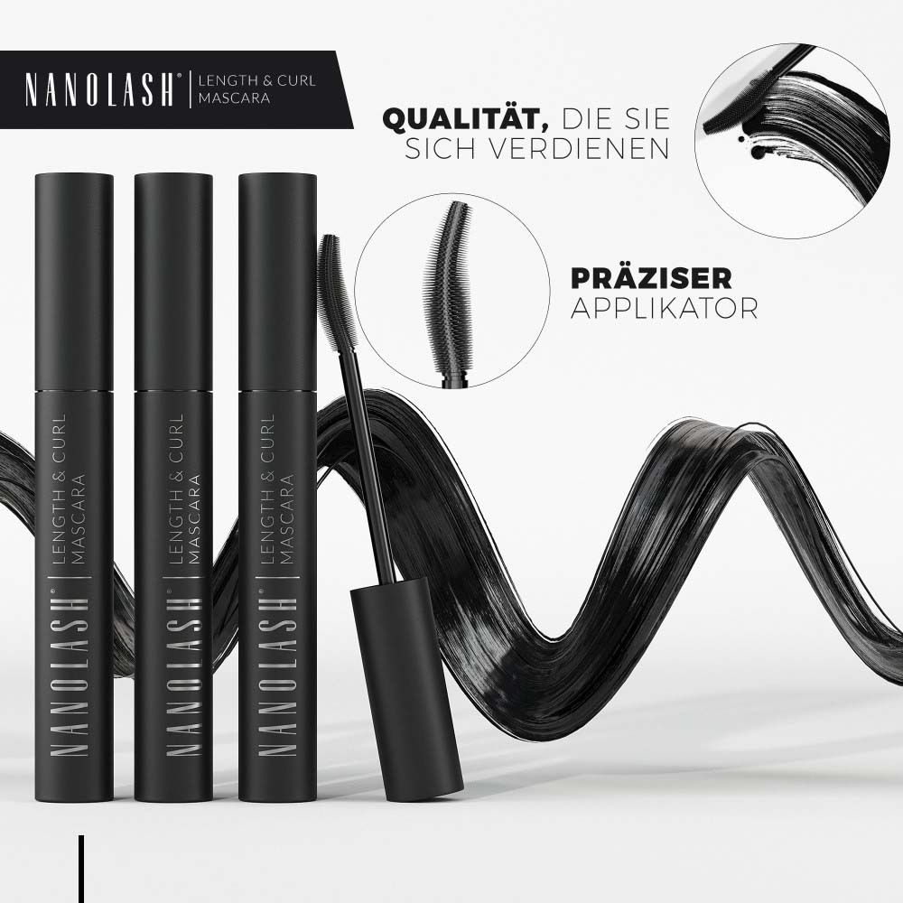Plusieurs tubes de mascara et une brosse. Inscription : NANOLASH Length & Curl Mascara. Texte.