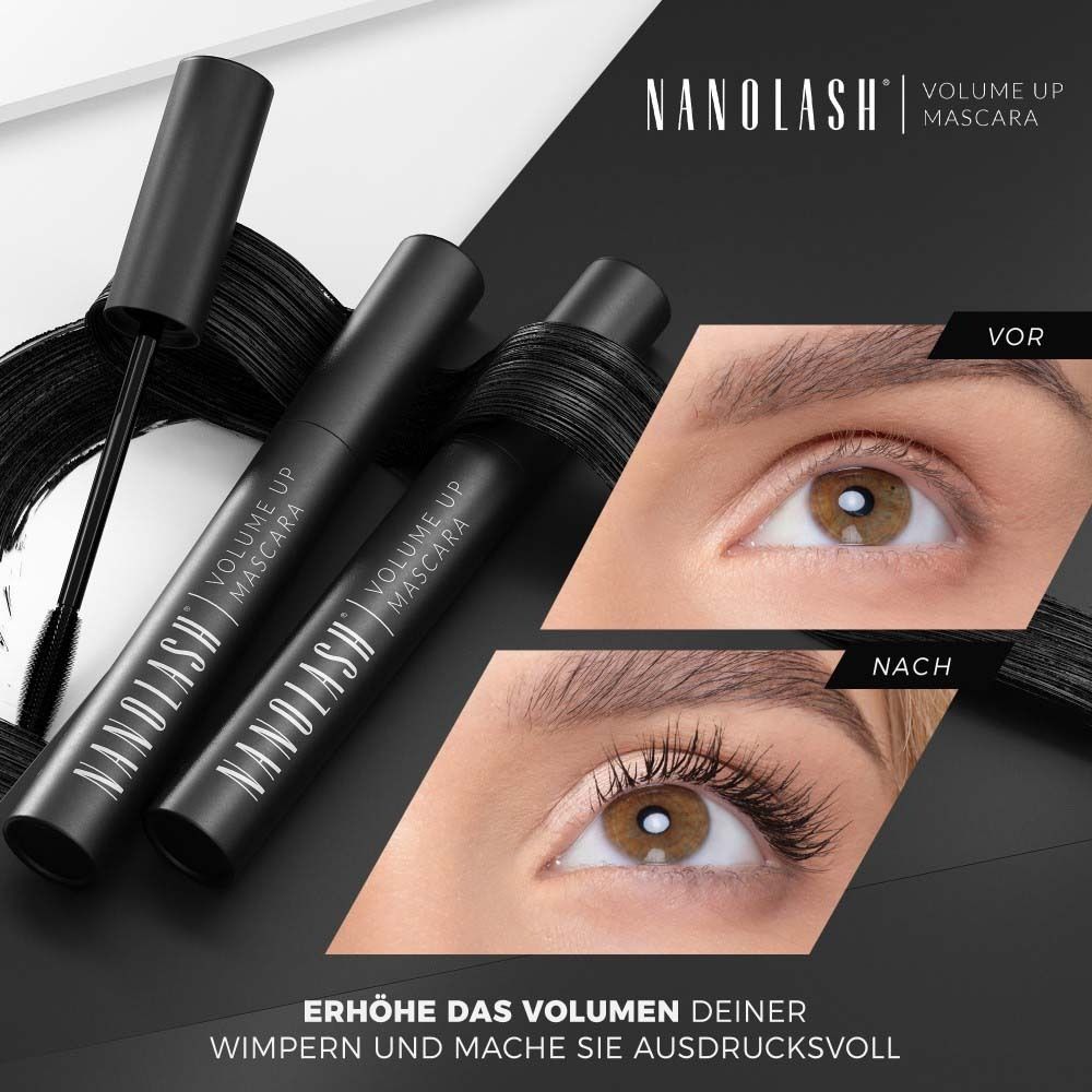 Trois tubes de mascara noir. Nanolash Volume Up Mascara est écrit sur l'un d'eux. Yeux avec et sans mascara.