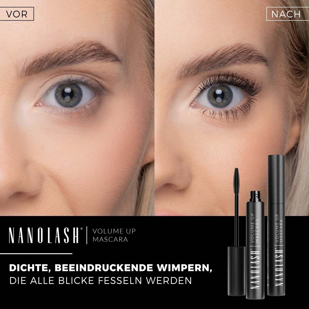 Comparaison des yeux avec et sans mascara. Deux tubes de mascara. Nanolash Volume Up Mascara est écrit sur l'un d'eux.
