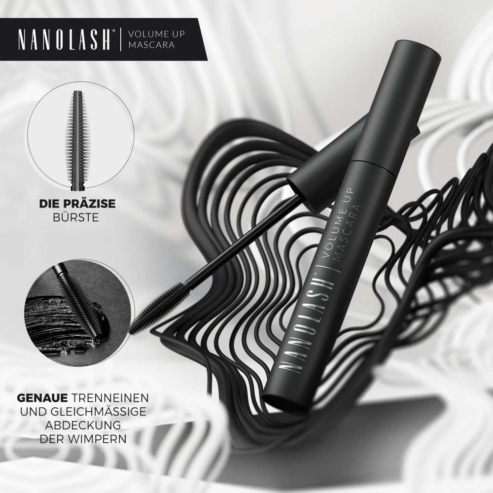 Tube et brosse de mascara. Nanolash Volume Up Mascara est écrit sur le tube. Texte : La brosse précise.