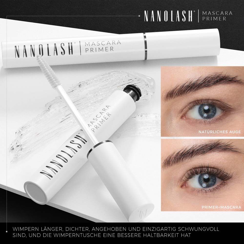 Primer mascara avec brosse et exemples d'yeux. Inscription : NANOLASH, Mascara Primer. Texte : Cils plus longs, denses.