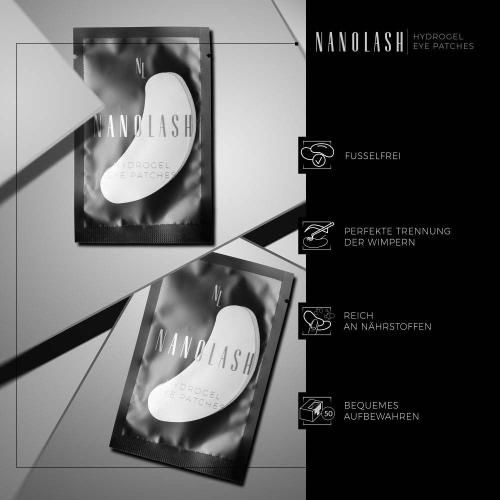 Zwei Päckchen mit Augenpflastern. Auf den Päckchen steht "NANOLASH Hydrogel Eye Patches". Text: fusselfrei, perfekte Trennung der Wimpern, reich an Nährstoffen.