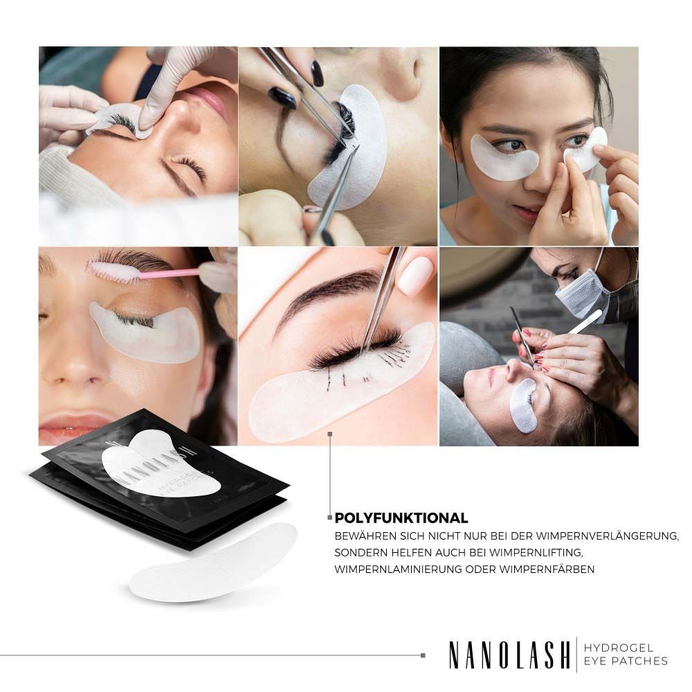 Collage von Bildern mit Augenpflastern. Auf der Verpackung steht "NANOLASH Hydrogel Eye Patches". Text: multifunktional, für Wimpernverlängerung, Laminierung, Färben.