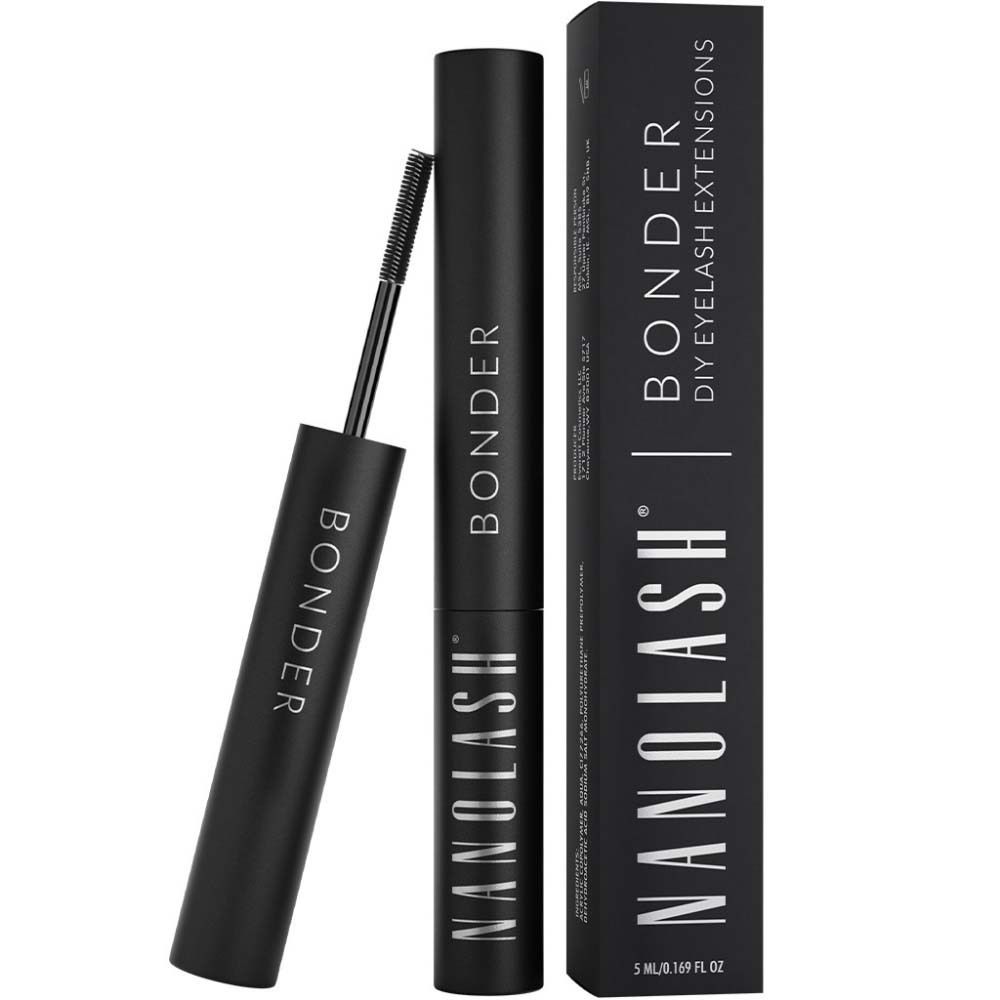 Schwarze Flasche mit Applikator. Aufschrift: BONDER, NANOLASH. Schwarze Verpackung mit Aufschrift: NANOLASH BONDER DIY EYELASH EXTENSIONS.