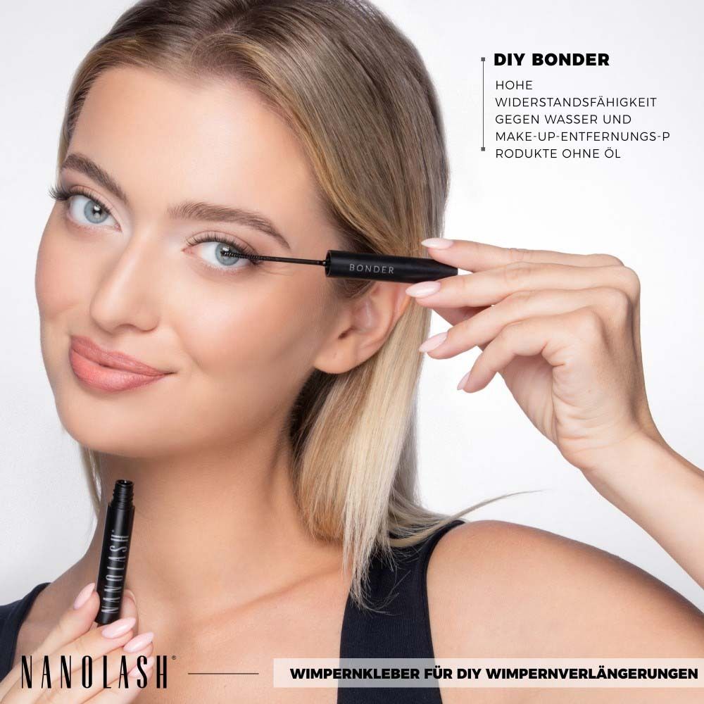 Frau trägt mit Applikator Produkt auf. Flasche mit Aufschrift: NANOLASH. Text: DIY BONDER, Wimpernkleber für DIY Wimpernverlängerungen.