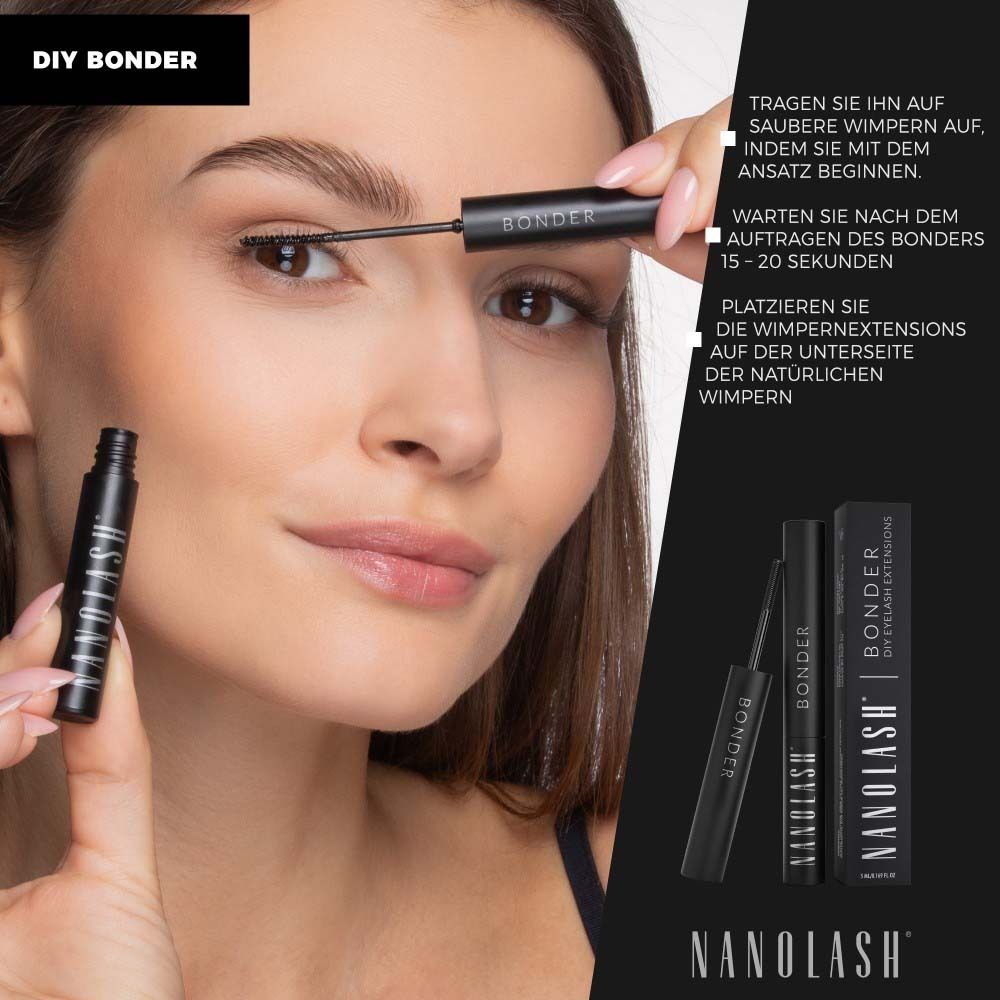 Frau trägt Produkt auf Wimpern auf. Flasche mit Aufschrift: NANOLASH. Text: DIY BONDER, Wimpernkleber für DIY Wimpernverlängerungen.